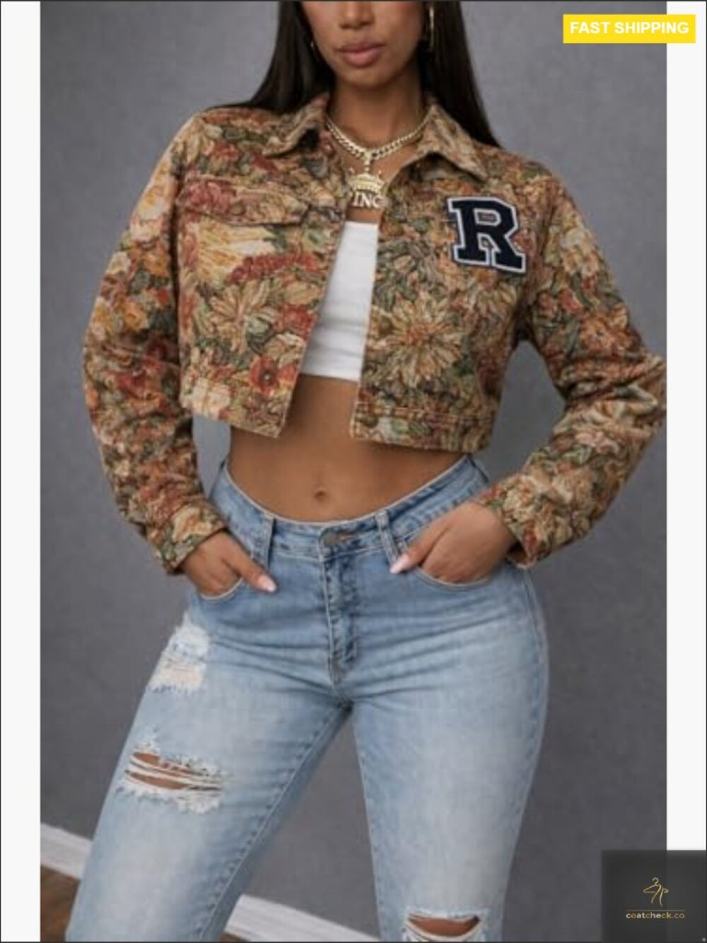 Cropped Jacquard Jacket Textured Floral Collared Button Up Lightweight with - Picture 3 of 7
